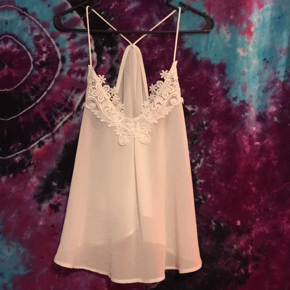Lace embellished sheer tank top